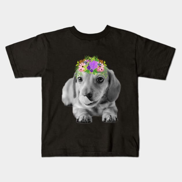 Dachshund Puppy with Floral Crown Kids T-Shirt by tribbledesign